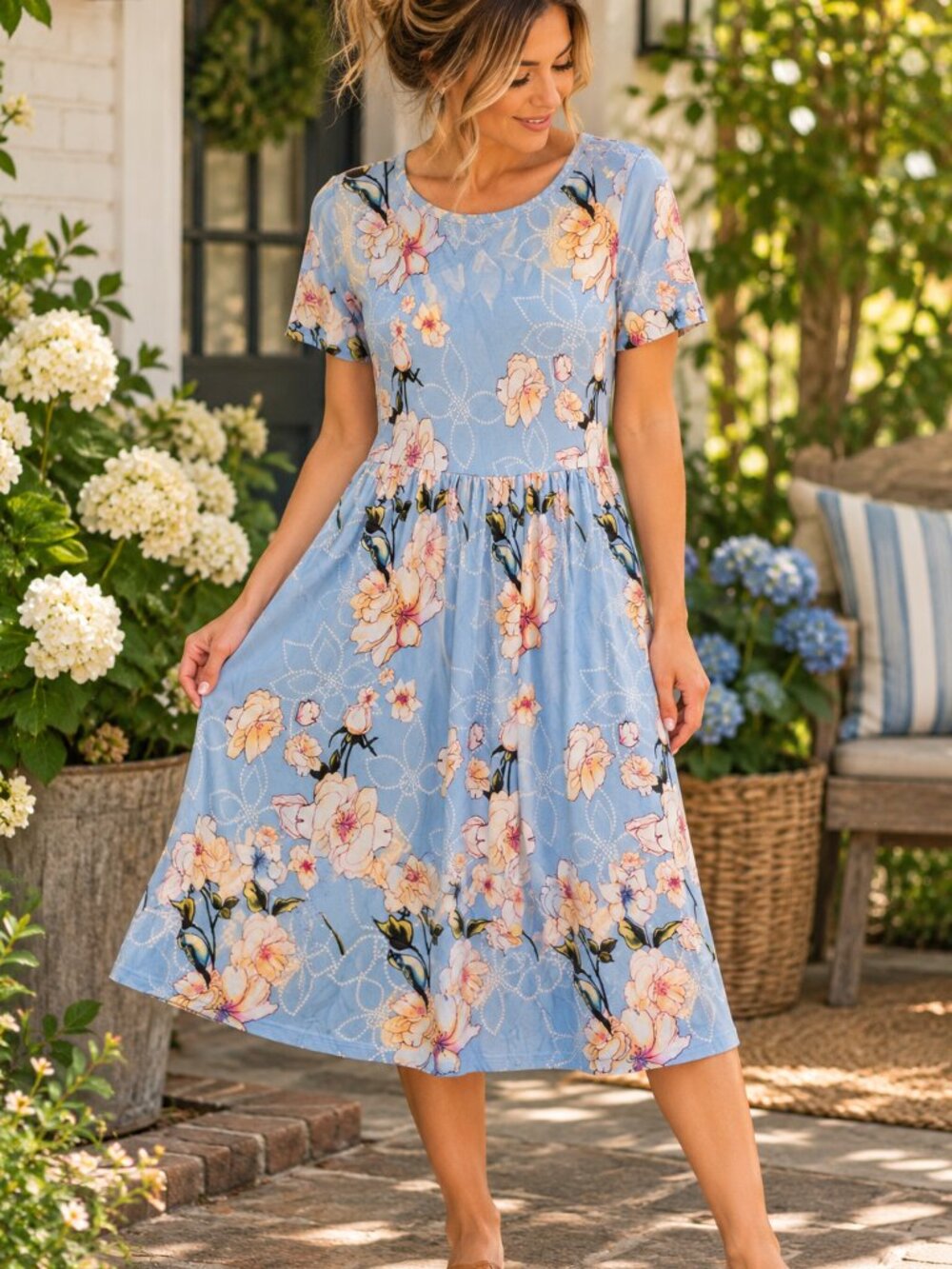 JuneFish Womens M Blue Floral Empire Waist Short Sleeve Dress Pockets 149